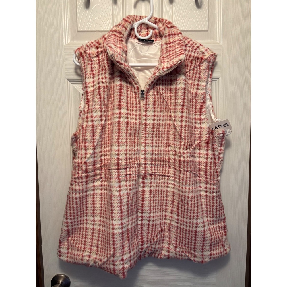 Katydid Faux Fur Plaid Vest Womens XXL Red Cream Full Zip Pockets NWT